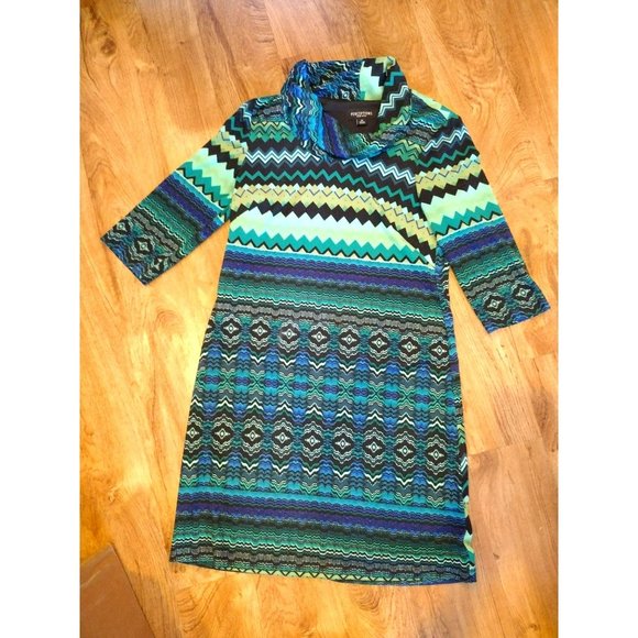 Perceptions New York Cowl Neck Dress, M, Green Blue Zig Zag, Tunic Sweater Dress - Picture 1 of 2